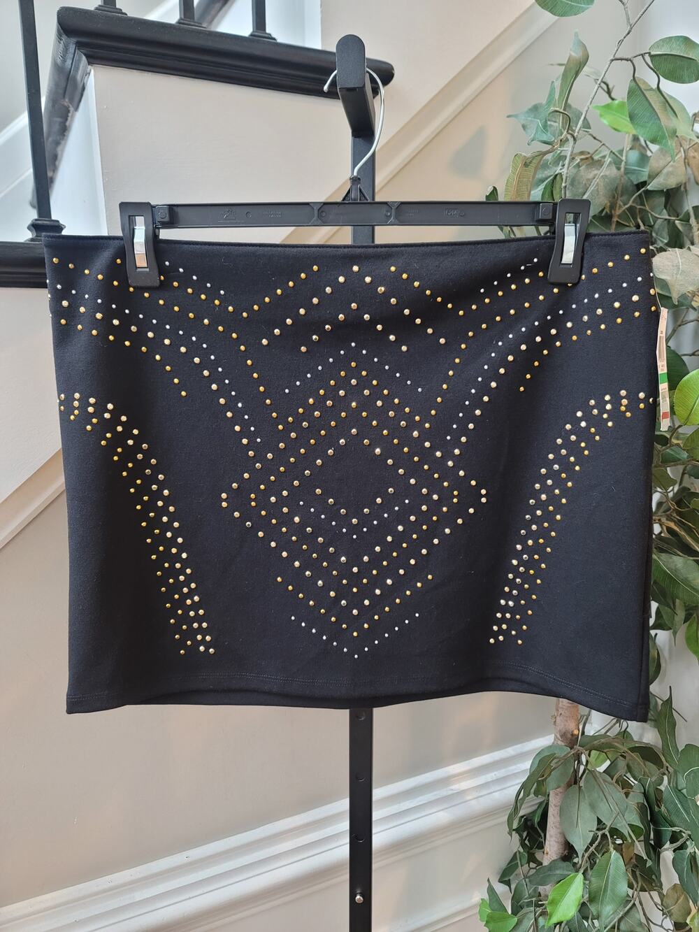 Thalia Sodi Mini Skirt Women's Large Deep Black Rhinestone Lined Back Zipper